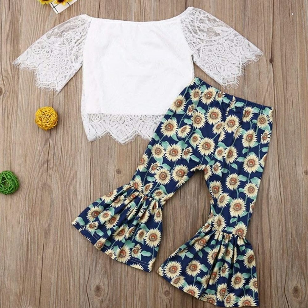 New Retro Girls Sunflower Bell Lace Top Fall Set